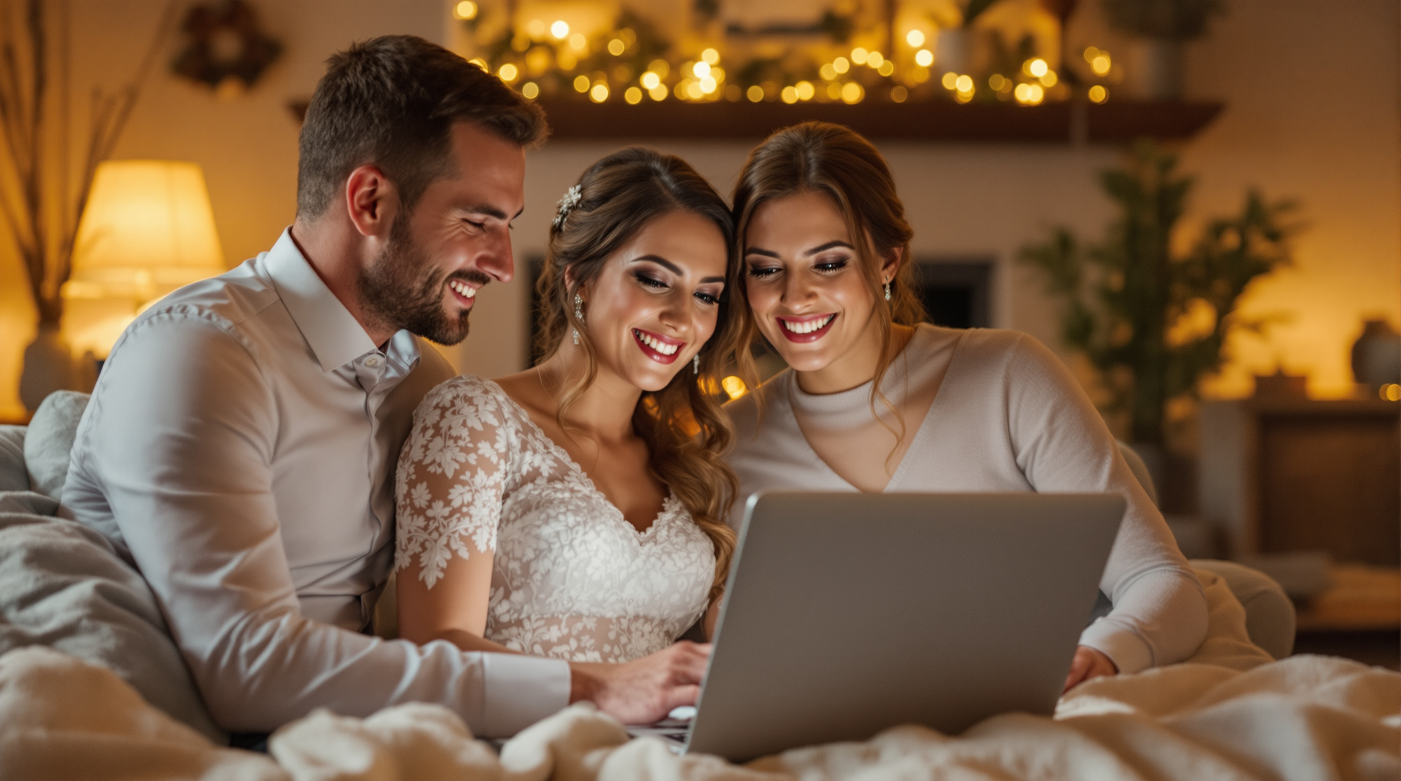 Happy couple viewing their wedding photographs